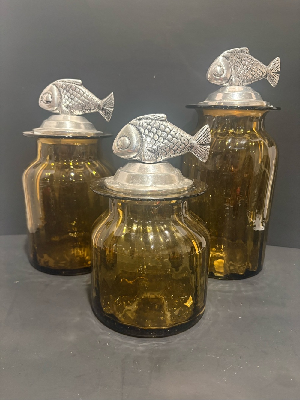 Amber Glass Canister Set with Fish Finials- Mexico- Vintage